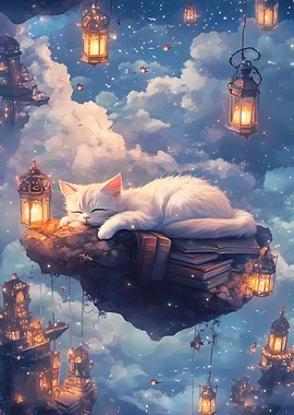 Fluffy Cat Sleeping on Books on a Floating Island