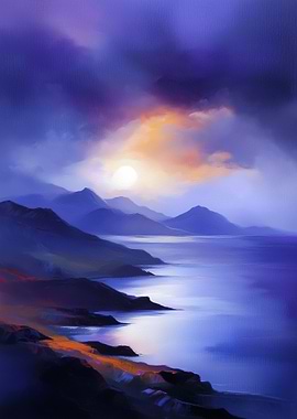 Coastal Landscape Painting with Sunset