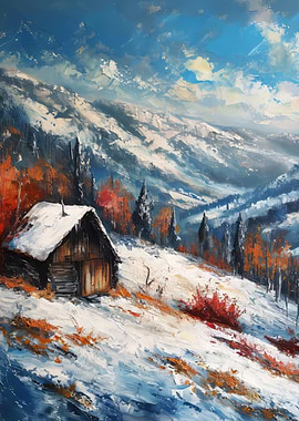 Winter Cabin in Snowy Mountains Painting