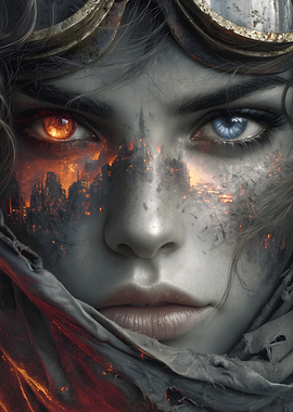 Heterochromatic Woman with Cityscape Reflection