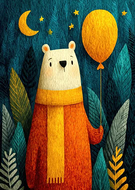 Bear with Balloon in Forest Night