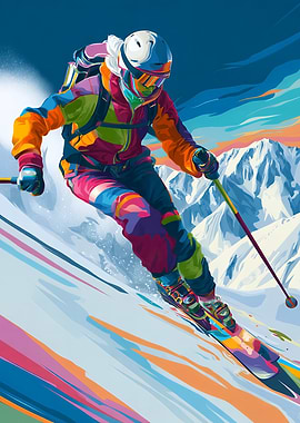 Colorful Skier on Mountain Slope