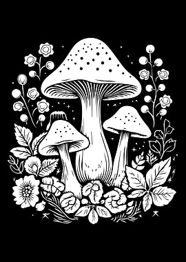 Mushroom and Floral Black and White