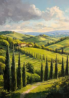 Tuscan Landscape Painting with Cypress Trees