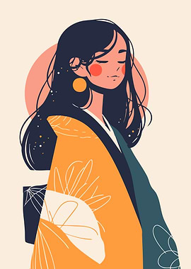 Minimalist Japanese Kimono Woman Girl Pastel Boho Art Illustration
