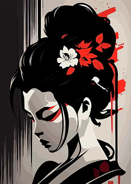 Geisha Portrait with Red Accents