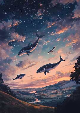 Magical Whales Flying Over Landscape at Sunset
