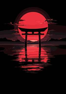 Japanese Torii Gate Sunset Illustration
