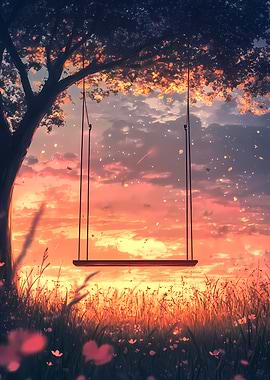 Swing Under a Tree at Sunset in a Peaceful Landscape