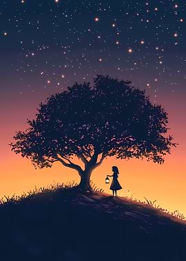 Girl with lantern under starry sky