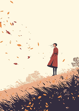 Woman and Autumn Leaves Minimalist Art Illustration Boho Art