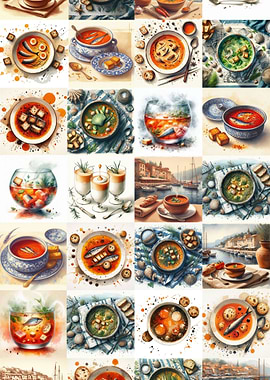 Assorted Soup Dishes Watercolor Collage