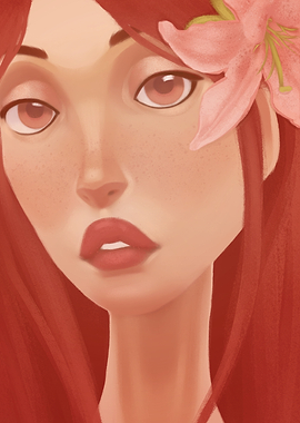 Woman with Red Hair and Pink Flower - Digital Portrait Art