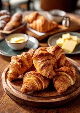 Golden Croissants on Wooden Board