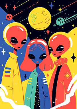 Colorful Cute Alien Siblings Space SciFi Pop Art Minimalist Illustration