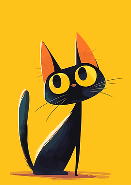 Cartoon Black Cat on Yellow Background