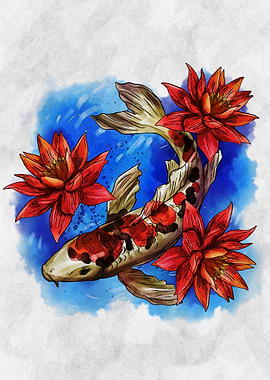 Koi Fish and Lotus Flowers Art