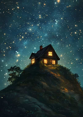 Cozy Wooden House on a Hill Under a Starry Night Sky
