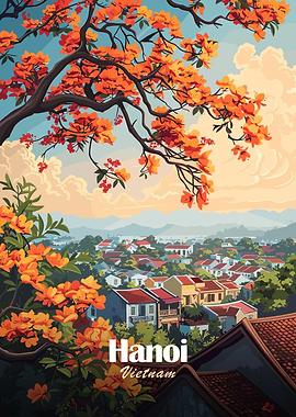 Hanoi, Vietnam cityscape with orange flowers