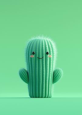Cute Cartoon Cactus on Green Background