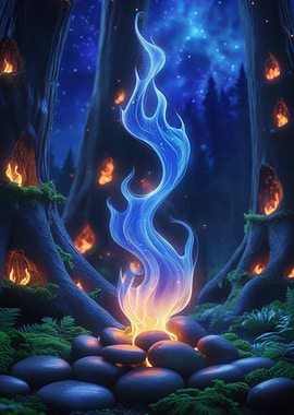 Mystical Blue Flame in Forest Clearing