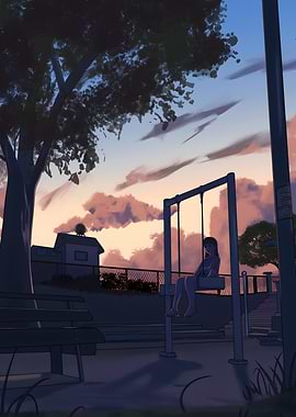 Girl on a swing at dusk