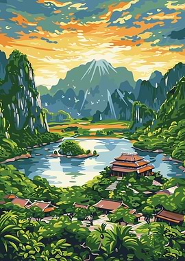 Asian Landscape with Mountains and Temple