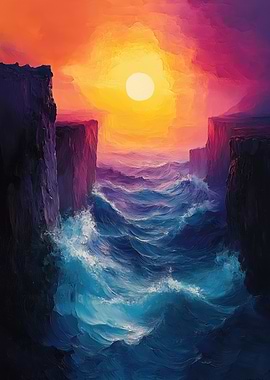 Ocean Waves Between Cliffs at Sunset