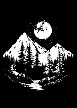 Monochrome Mountain Landscape with Moon