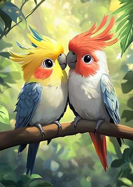 Two Cute Cartoon Parrots on Branch