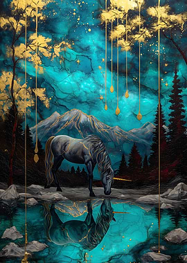 Unicorn in Teal and Gold Landscape