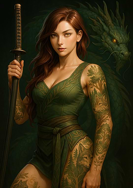 Auburn-Haired Forest Warrior with Jade Dragon Protector