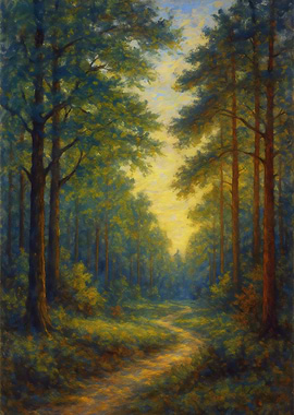 Forest Path at Dawn – Peaceful Woodland Landscape Painting
