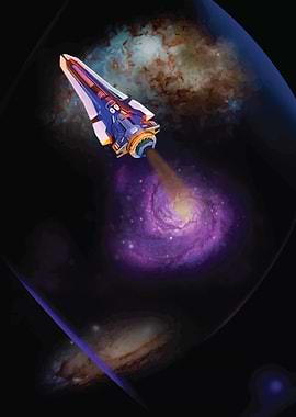 Spaceship in front of a galaxy