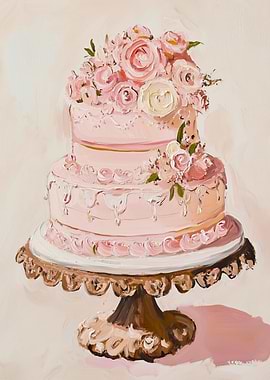 Pink Floral Wedding Cake Painting