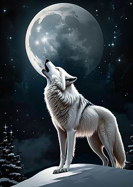 White Wolf Howling at the Moon