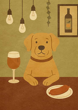 Dog at Bar with Wine and Sausage