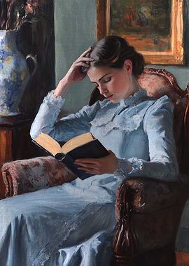 Woman Reading Book in Armchair Painting