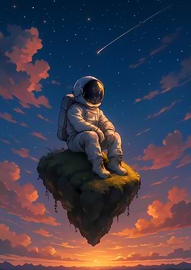 Astronaut on Floating Island at Sunset
