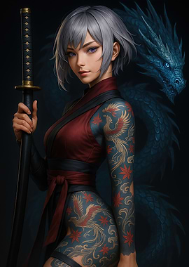Silver-Haired Warrior with Ice Dragon and Indigo Tattoos