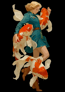 Woman with Koi Fish Illustration