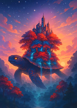 Giant Turtle Carrying a City Through a Surreal Forest Sky