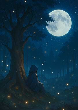 Hooded Figure Under Moonlight in Forest