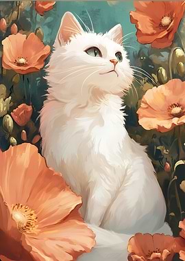 White Cat with Orange Poppies