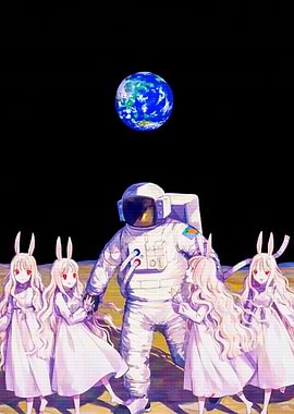 Astronaut and Rabbit Girls on the Moon
