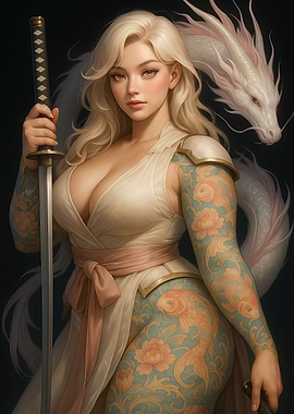 Blonde Tattooed Warrior with Pearl Dragon in Blush and Silk