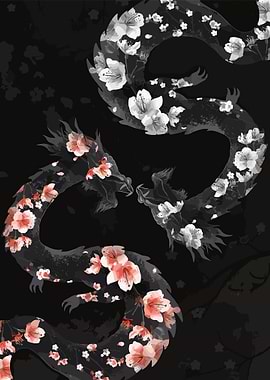 Floral Dragons on Black Background