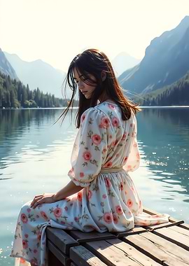 Woman in Floral Dress by Lake