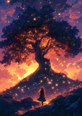 Girl Standing Beneath a Glowing Tree at Sunset