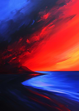 Dramatic Seascape Painting with Fiery Sky